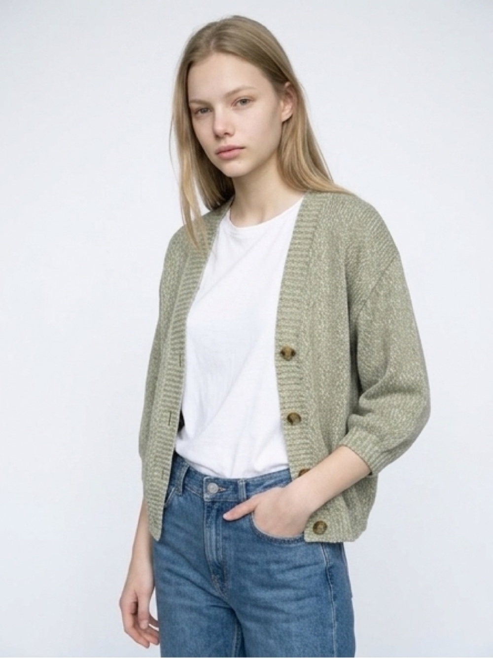 LOFT Sage Green Button-Front Knit Cardigan